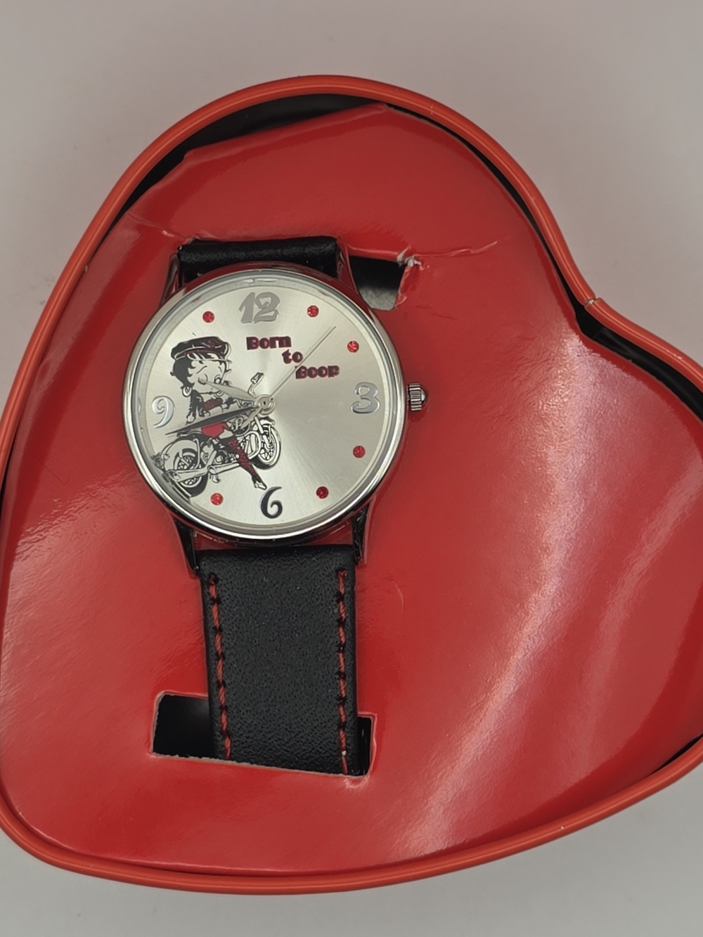 Betty Boop Biker Quartz Women's Watch Silver Dial Black Leather Strap Heart Tin
